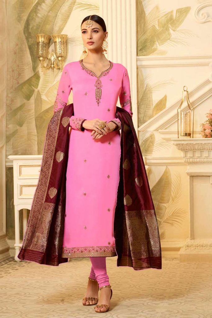 Pink Satin Georgette Plus Size Churidar Suit - Shopkund