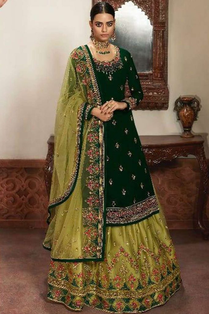 Green Net Lehenga Suit UK - Shopkund