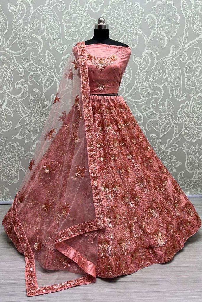 Rose gold Embroidered Net Wedding Lehenga Choli - Shopkund UK
