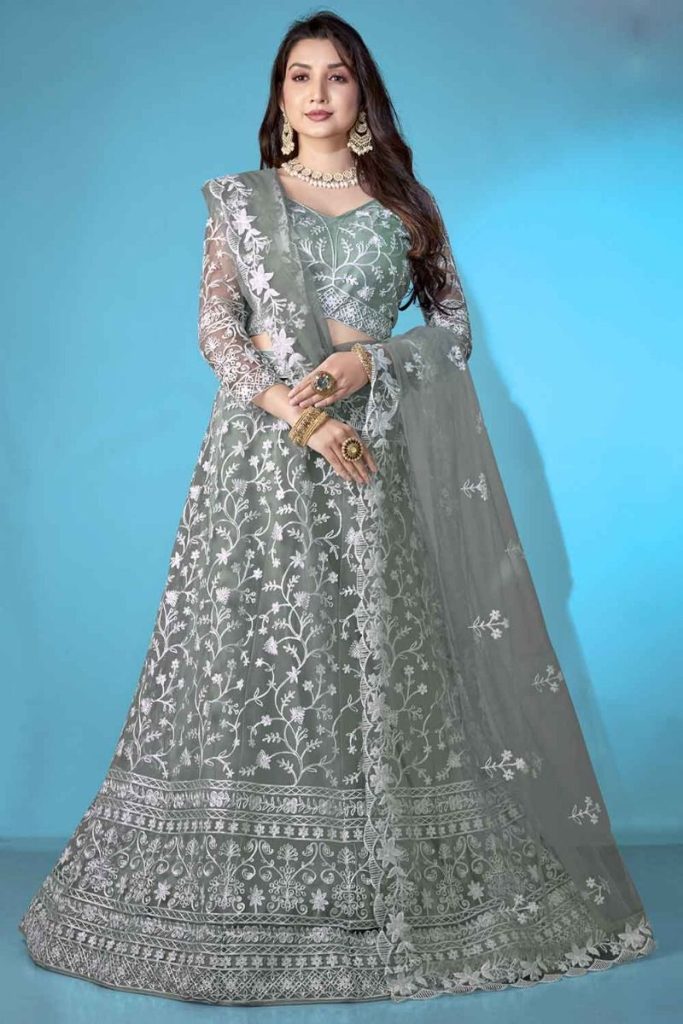 Embroidered Net Lehenga Choli in Dark grey - Shopkund UK