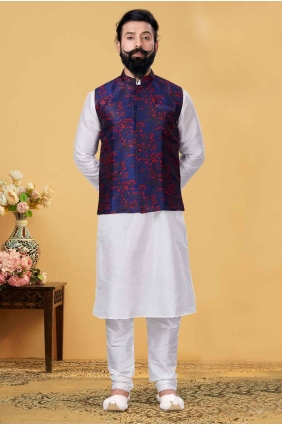 White Men Kurta in Embroidered Dupion silk KURR200
