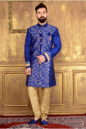 Blue Jaqurd Silk Brocade Semi Indo Indo Western INW0010