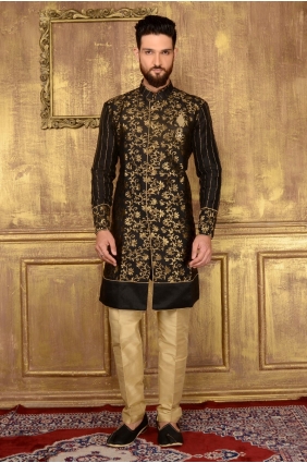 Black Jaqurd Silk Brocade Semi Indo Indo Western INW0015