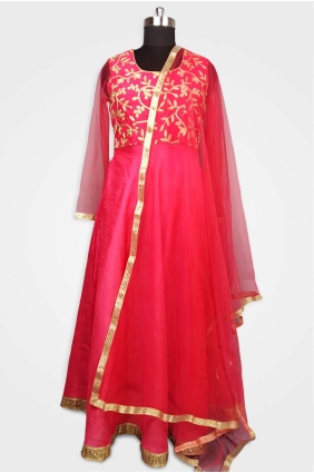 Raw Silk Anarkali Suit in Red Raw Silk UMAS0002