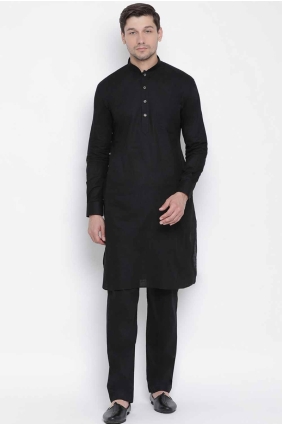 Plain Dupion silk Men Kurta in Black KURR143
