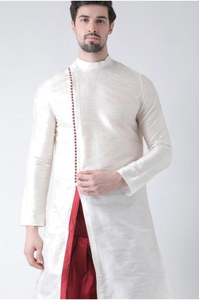 Plain Dupion silk White Men Kurta with Dupatta KURR150