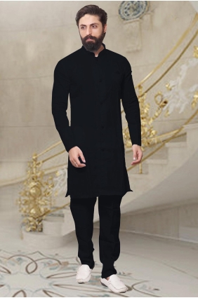 Black Dupion silk Plain Men Kurta with Dupatta KURR151