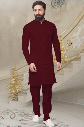 Plain Dupion silk Men Kurta in Maroon with Dupatta KURR152