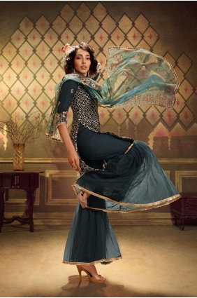 Soft Net Eid Sharara Suit with Soft Net in Dark Grey SS0395