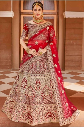 Hand Velvet Red Bridal Lehenga Choli with Dupatta LC4042