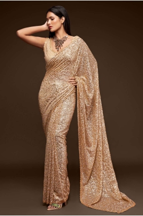 Embroidered Georgette Party Wear Saree in Beige SR19187