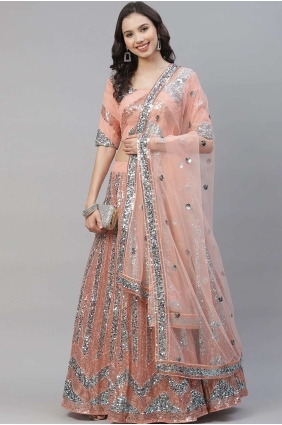 Embroidered Party Lehenga Suit in Peach Net LC4544