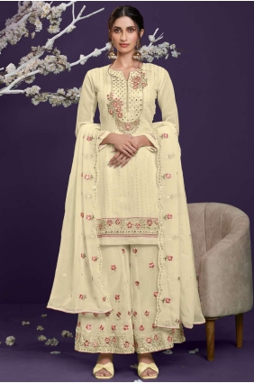 Cream Eid Palazzo Suit with Embroidered Georgette PZ2570