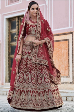 Maroon Velvet Wedding Lehenga Choli with Heavy Embroidery With Hand Work LC4347