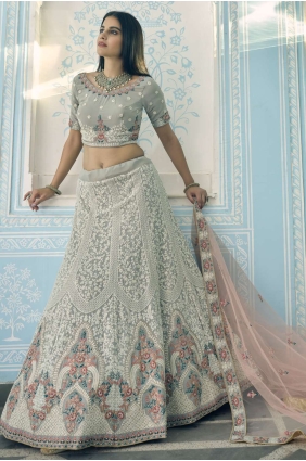 Grey Georgette Heavy Thread,Jari Embroidery,Zarkan Work Wedding Lehenga Choli with Soft Net Dupatta LC4428