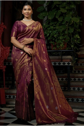 Weaving Raw silk Wine South Indian Saree with Blouse SR20554