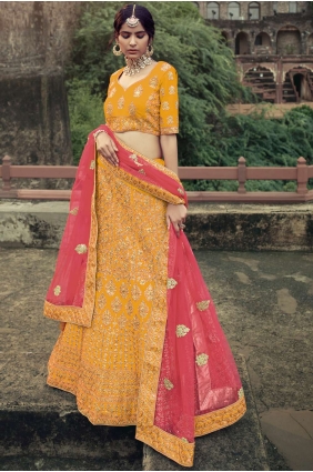 Satin Wedding Lehenga Choli in Yellow with Embroidered LC4620