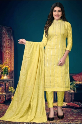 Embroidered Chanderi Eid Salwar Kameez in Yellow SK14409