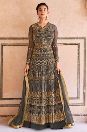 Embroidered Net Grey Eid Anarkali Suit with Dupatta AS3047