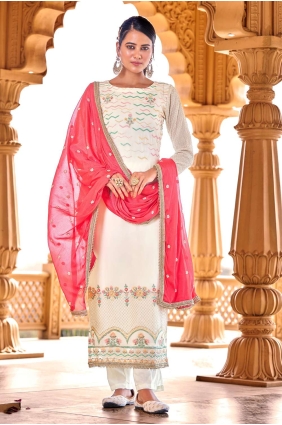 Georgette,viscose and bemberg eid pakistani salwar kameez in White with Embroidered SK14452