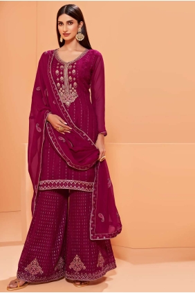 Embroidered Georgette Eid Sharara Suit in Magenta with Dupatta SS0715