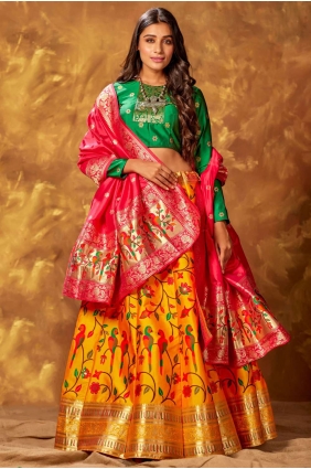 Weaving Party Lehenga Choli in Yellow Silk LC5449