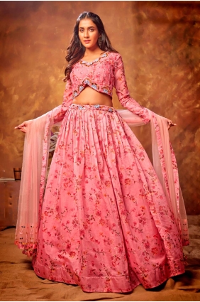 Printed Organza Lehenga Choli in Pink LC5545