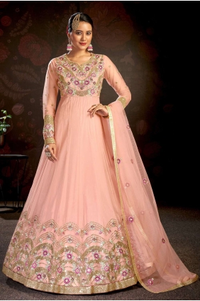 Anarkali Suit in Pink Net with Embroidered AS3222