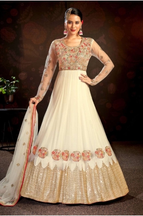Embroidered Net Cream Anarkali Suit with Dupatta AS3223