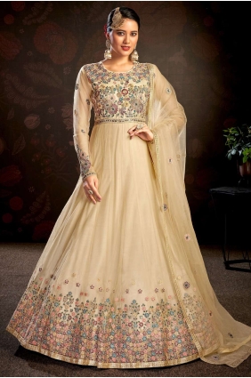 Embroidered Net Anarkali Suit in Chiku with Dupatta AS3224
