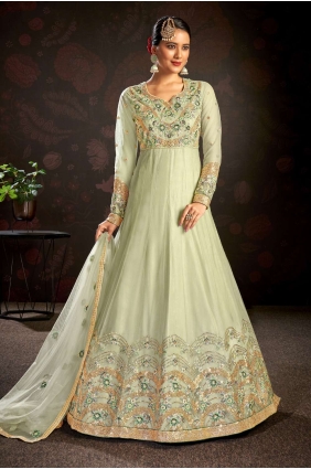 Anarkali Suit in Green with Net Embroidered AS3225