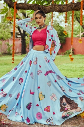 Sky blue Printed Indo Western Lehenga Choli in Cotton LC5747