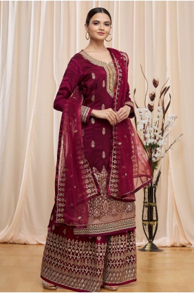 Wine Islamic Palazzo Suit with Embroidered Jacquard PZ3131