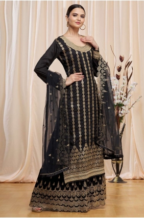 Islamic Palazzo Suit in Black Jacquard with Embroidered PZ3134