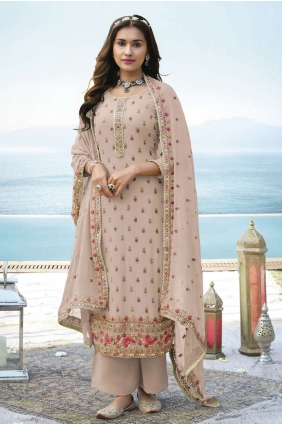Faux georgette Peach Pakistani Palazzo Suit in Embroidered PZ3159