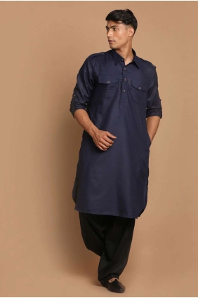 Plain Cotton Men Kurta in Navy blue KURU0105