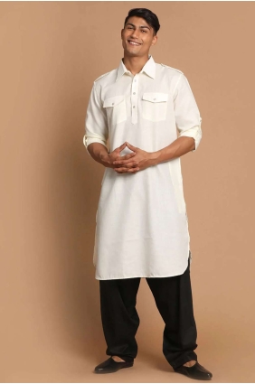 Off white Cotton Plain Men Kurta KURU0106