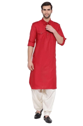 Men Kurta in Red Cotton with Plain KURU0110