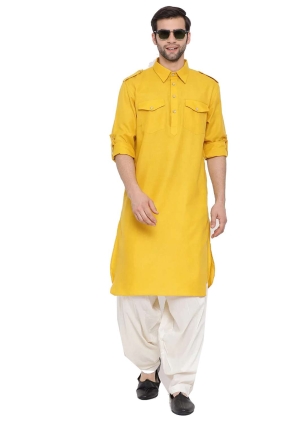 Yellow Men Kurta in Plain Cotton KURU0111