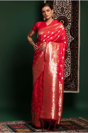 Silk Coral Saree in Weaving SR23260