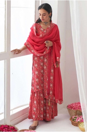 Red Sharara Suit in Printed Muslin SS0911