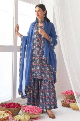 Muslin Sharara Suit in Blue with Printed SS0912