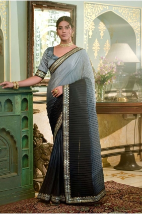 Chinon chiffon Black Saree in Mirror,embroidered SR23280