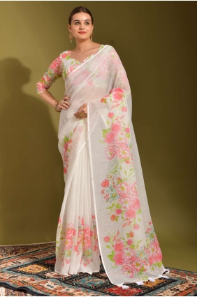 Linen Saree in White with Printed SR23423
