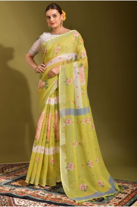 Printed Linen Mustard Saree with Blouse SR23426