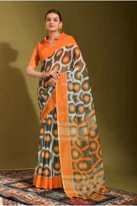 Printed Linen Grey Saree with Blouse SR23427