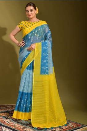 Linen Printed Blue Saree with Blouse SR23428