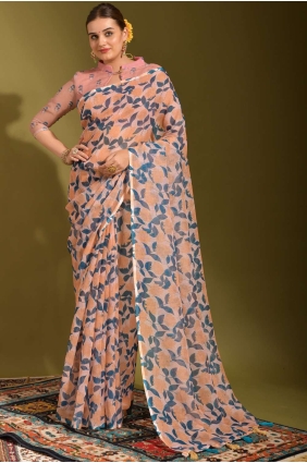 Peach Saree in Printed Linen SR23430