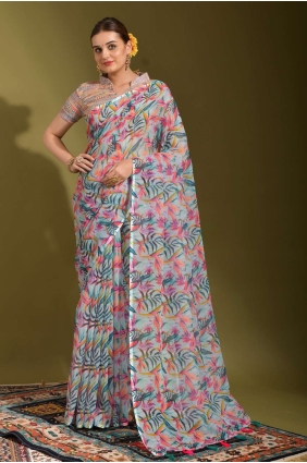 Linen Saree in Multicolor with Printed SR23431