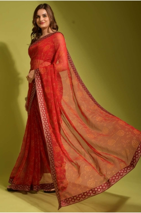 Red Party Wear Saree in Printed Chiffon SR23440